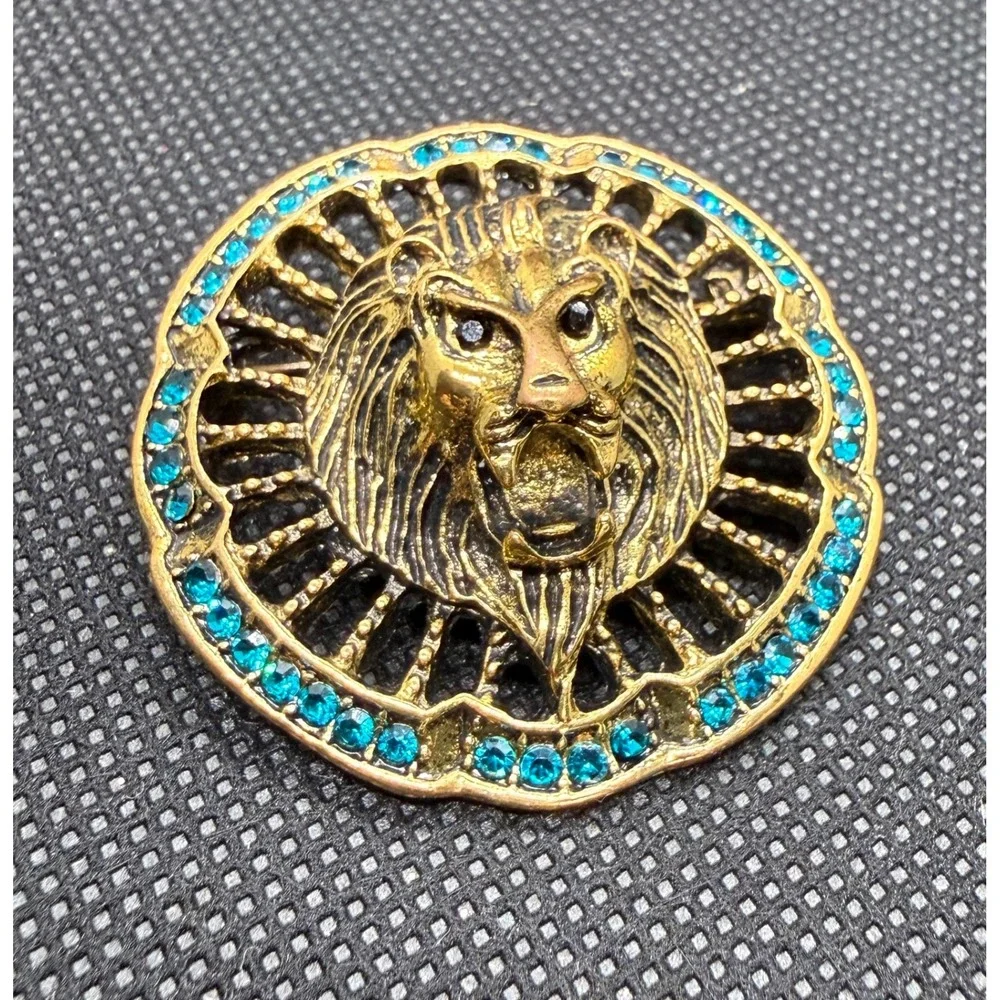 Gold Tone Lion Head Brooch Turquoise Rhinestone Sunburst Statement Pin Vintage